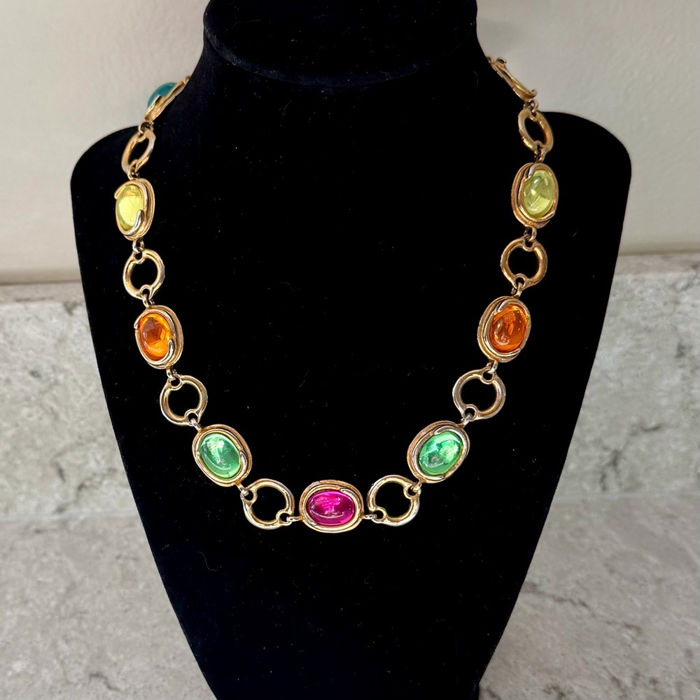 Vintage Multicolor Cabochon Glass Gold Tone Collar Necklace